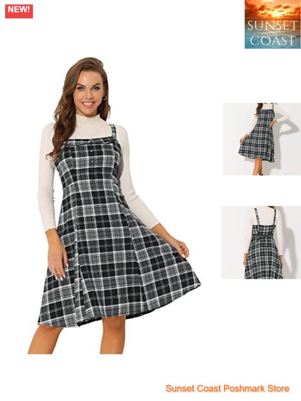 Plaid A-Line Suspender Overall Dress Sleeveless Square Neck
